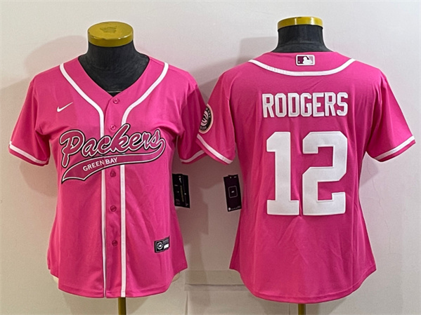 Women's Green Bay Packers #12 Aaron Rodgers Pink With Patch Cool Base Stitched Baseball Jersey(Run Small)